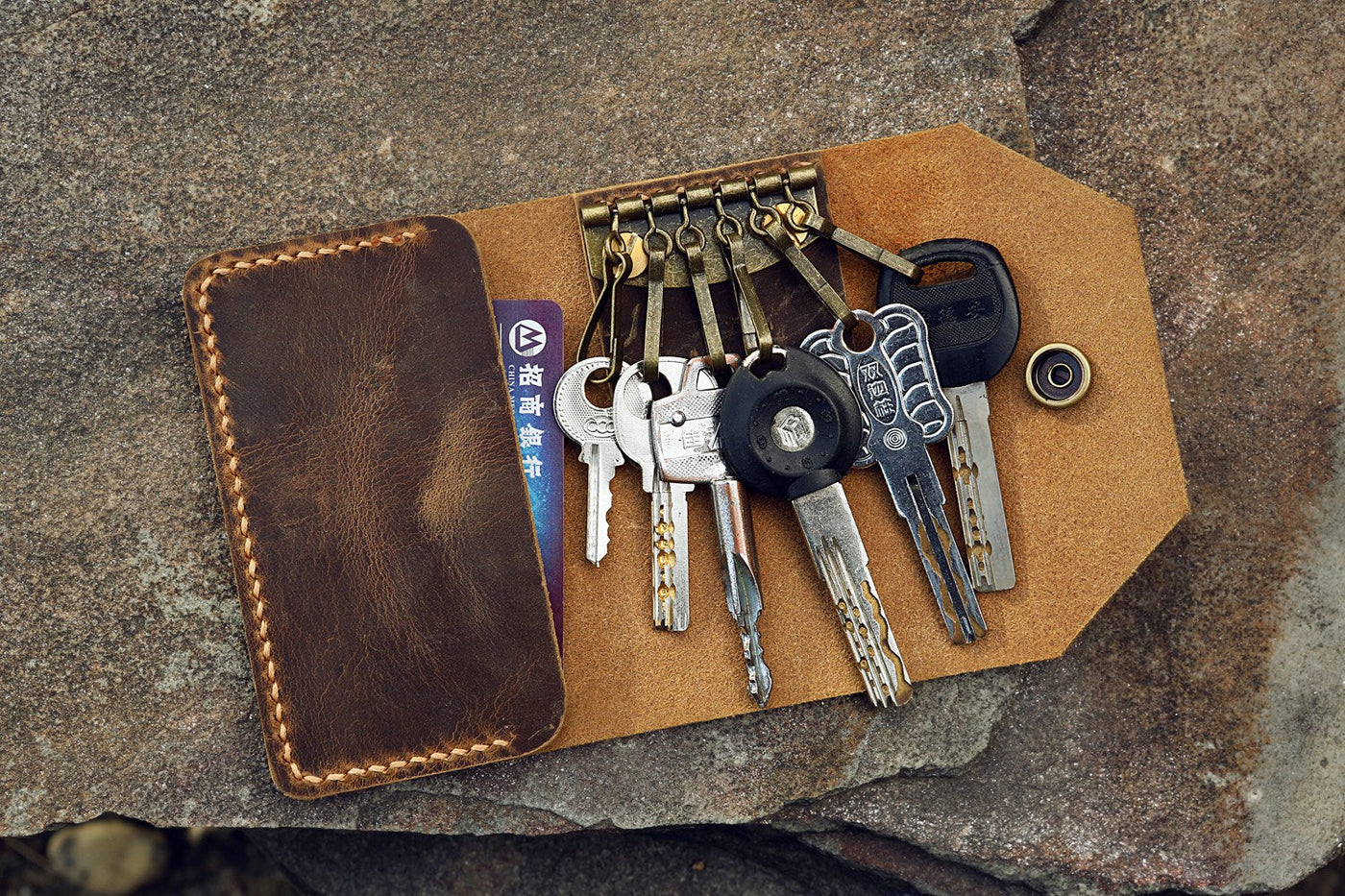 vintage Leather slim key card wallet key organizer