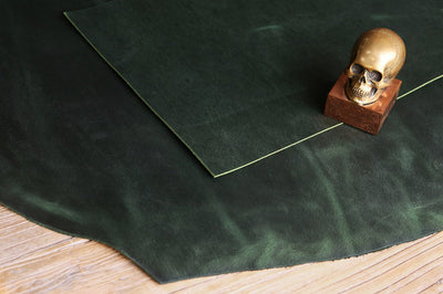 Full grain distressed green leather pieces 1.0 - 2.0 mm