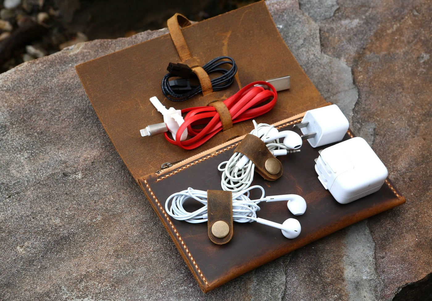 Leather cable management cord organizer charger bag